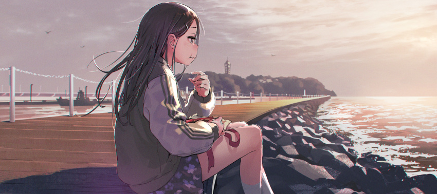1girl, absurdres, bird, black_hair, boat, clouds, cloudy_sky, dock, eating, enoshima, evening, floral_print, hair_ornament, hairclip, highres, jacket, kneehighs, letterman_jacket, long_hair, looking_afar, looking_away, minawa, ocean, on_ground, original, outdoors, real_world_location, rock, sad, shore, sitting, skirt, sky, solo, stanchion, tearing_up, valentine, watercraft, white_legwear