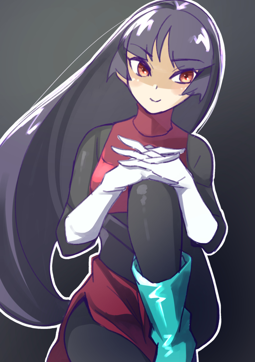 1girl, black_hair, boots, breasts, closed_mouth, dress, gloves, long_hair, looking_at_viewer, nozumu, pantyhose, pokemon, pokemon_(game), pokemon_rgby, red_eyes, sabrina_(pokemon), simple_background, skirt, smile, solo, very_long_hair, white_gloves