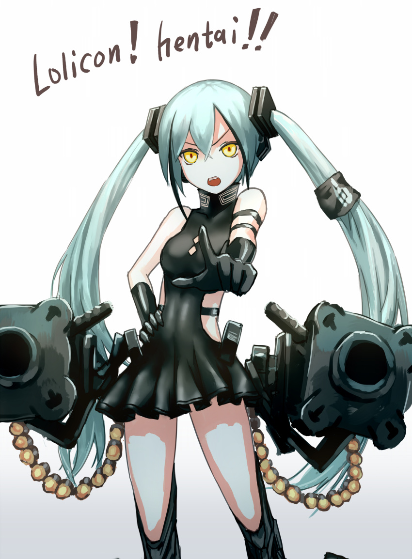 1girl, belt_feed, black_dress, black_gloves, black_legwear, cannon, commentary_request, destroyer_(girls'_frontline)