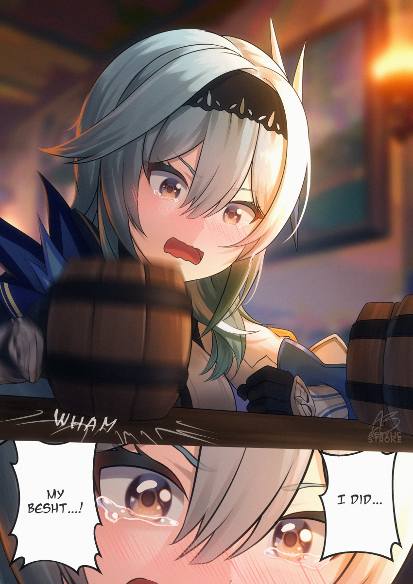 1girl, absurdres, acrylicstroke, alcohol, beer_mug, black_gloves, blue_hair, blush