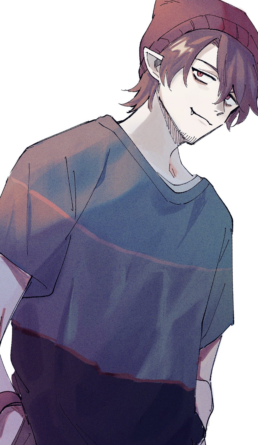 1boy, beanie, blue_shirt, brown_hair, closed_mouth, commentary_request, facial_hair, fang