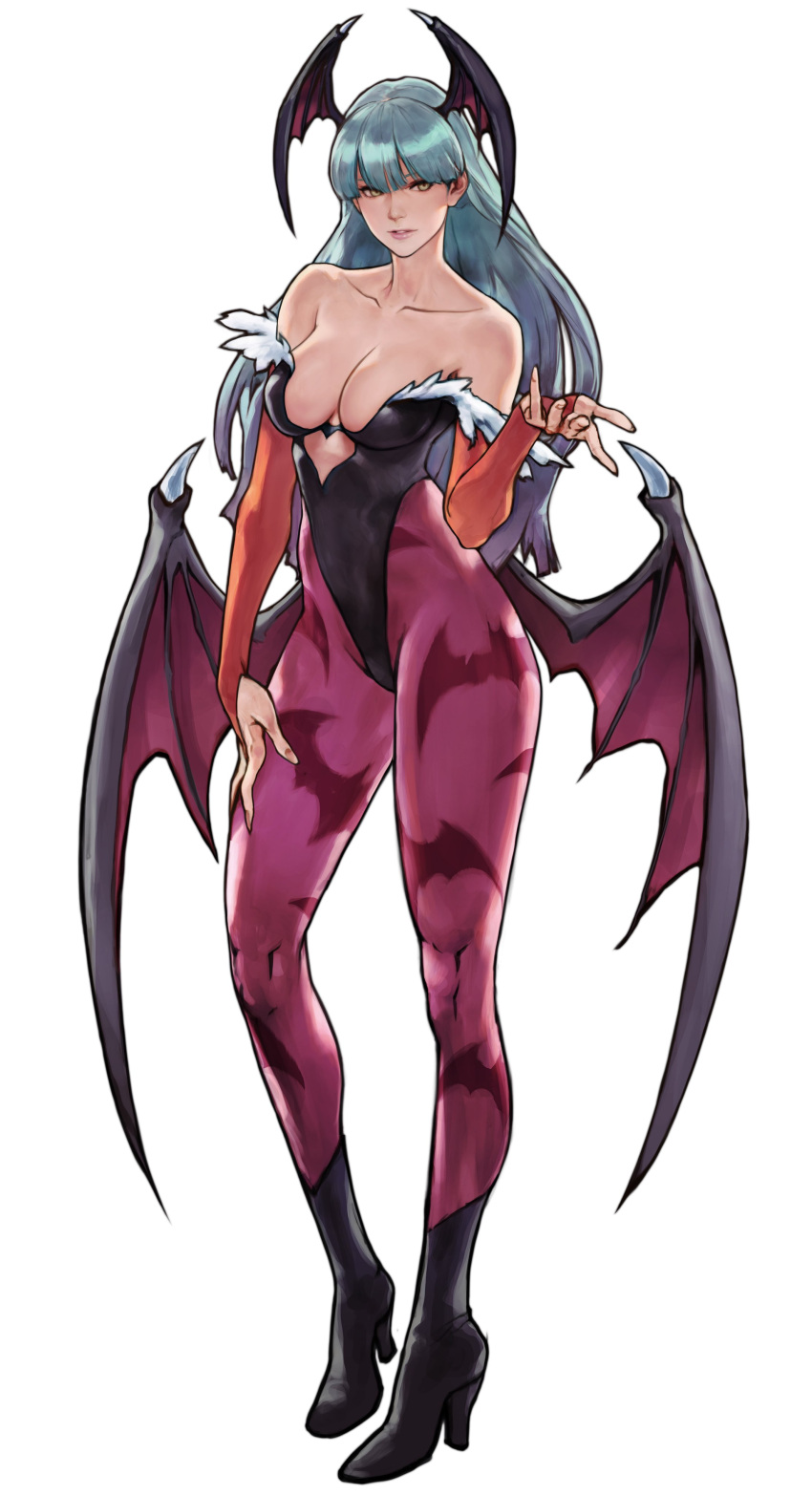 1girl, absurdres, animal_print, ankle_boots, bangs, bare_shoulders, bat_print, black_footwear, black_leotard, boots, breasts, bridal_gauntlets, collarbone, commentary_request, demon_girl, feather_trim, fingernails, full_body, green_hair, hand_up, head_wings, high_heel_boots, high_heels, highleg, highleg_leotard, highres, leotard, lips, long_hair, looking_at_viewer, low_wings, medium_breasts, morrigan_aensland, pantyhose, parted_lips, shiny, shiny_hair, simple_background, skin_tight, standing, strapless, vampire_(game), wave_61, wings