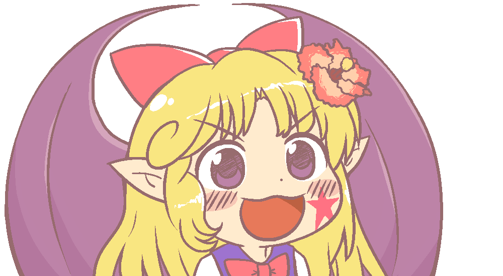 1girl, bangs, bat_wings, black_vest, blonde_hair, blush, bow, bowtie