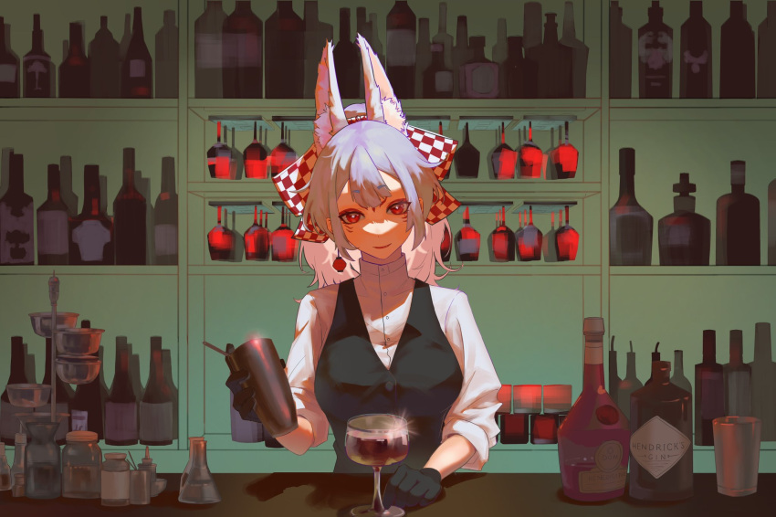 1girl, alcohol, bar, bartender, black_kimono, black_vest, bottle, breasts