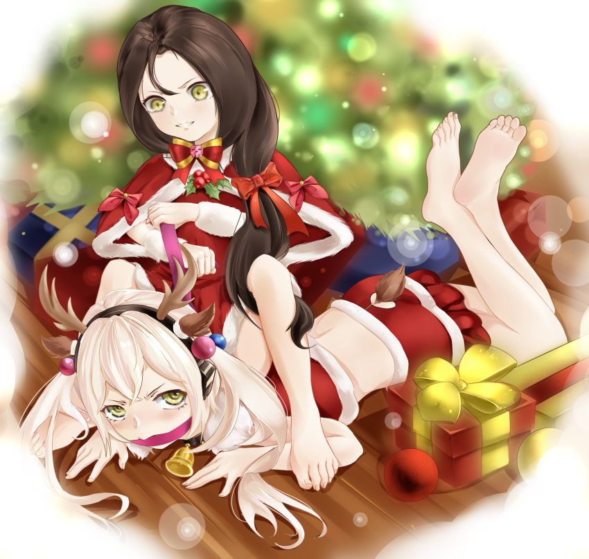 2girls, absurdres, angry, animal_ears, antlers, bare_legs, barefoot, bell, black_hair, blurry, blurry_background, blush, bow, box, christmas, christmas_ornaments, christmas_tree, collar, commentary_request, deer_ears, deer_tail, destroyer_(girls'_frontline), dreamer_(girls'_frontline), dress, dyamond, fake_animal_ears, fake_antlers, feet, frown, gag, gift, gift_box, girls_frontline, grin, hair_bow, highres, lens_flare, lens_flare_abuse, long_hair, looking_at_another, lying, midriff, multiple_girls, neck_bell, on_person, on_stomach, red_dress, reindeer_antlers, sangvis_ferri, santa_costume, smile, soles, tail, the_pose, toenails, toes, twintails, white_hair, yellow_eyes