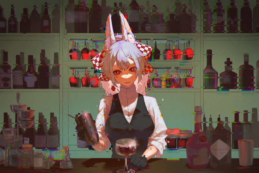 1girl, alcohol, bar, bartender, black_gloves, black_vest, bottle, breasts