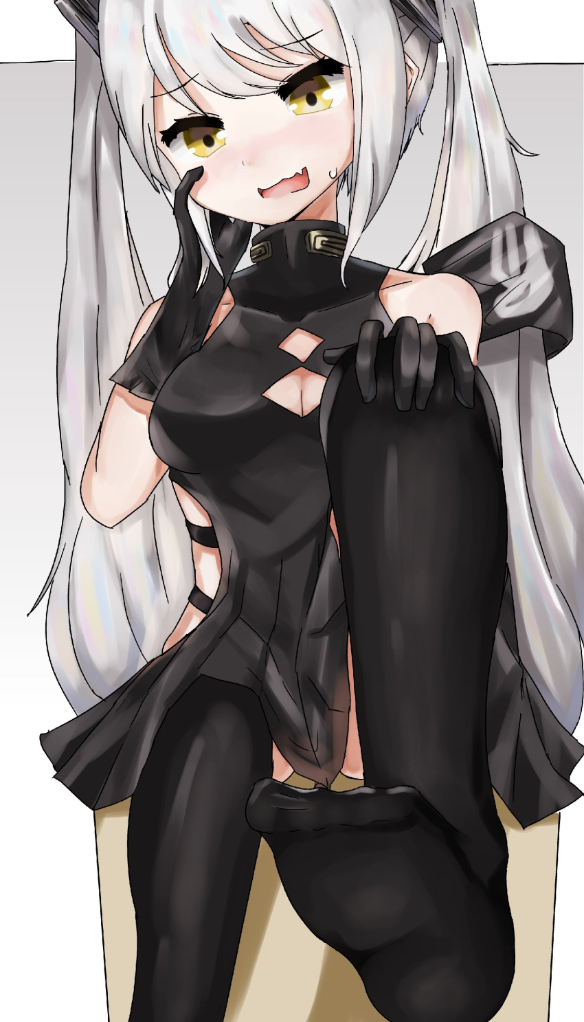 1girl, absurdres, black_dress, black_gloves, black_legwear, blush, breasts, commentary