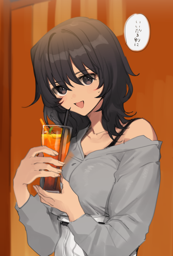 1girl, andou_(girls_und_panzer), bangs, black_eyes, black_hair, bra_strap, commentary, cup