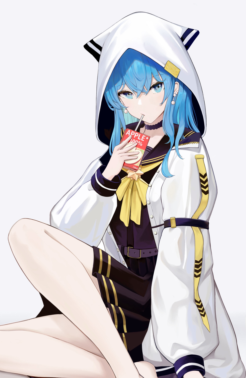 1girl, absurdres, amamizu_shizuku, apple_juice, bangs, barefoot, belt, black_serafuku