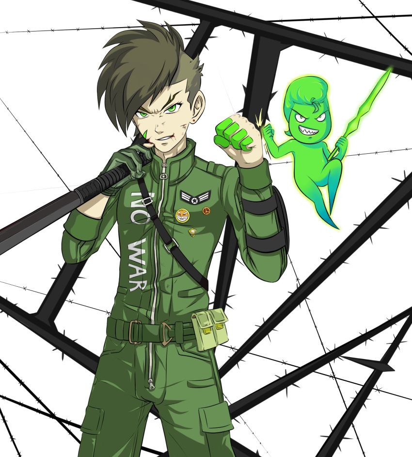 2boys, asymmetrical_hair, background_text, barbed_wire, belt, blood, blood_on_face, brown_hair, colored_skin, earrings, ememtrp, facial_mark, floating, green_eyes, green_skin, highres, jewelry, looking_at_viewer, multiple_boys, nanashi_(shin_megami_tensei_iv_final), navarre, non-web_source, pale_skin, pilot_suit, self_upload, shin_megami_tensei, shin_megami_tensei_iv_final, single_earring, standing, sword, tattoo, uniform, utility_belt, weapon