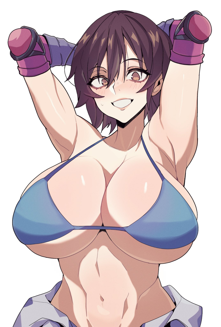 1girl, arms_behind_head, arms_up, bikini, bikini_top_only, blush, breasts, brown_hair