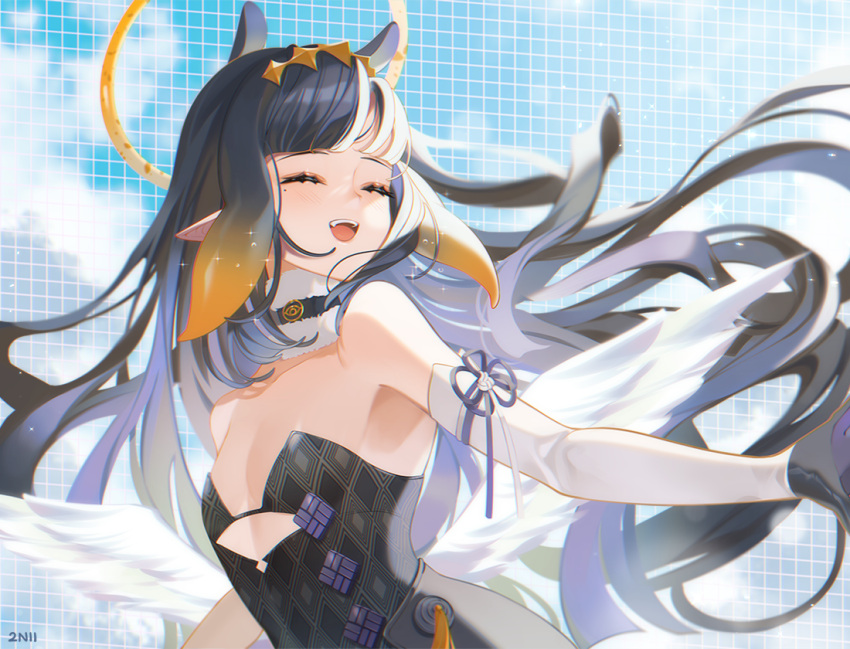 1girl, 2nii, :d, animal_ears, artist_name, bangs, black_gloves, black_hair