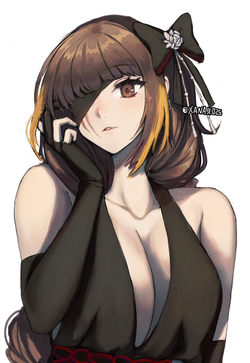 1girl, absurdres, bangs, black_bow, black_dress, black_eyepatch, black_gloves, bow