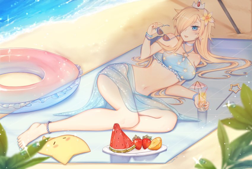 1girl, absurdres, alternate_costume, anklet, beach, bikini, blonde_hair, blue_eyes