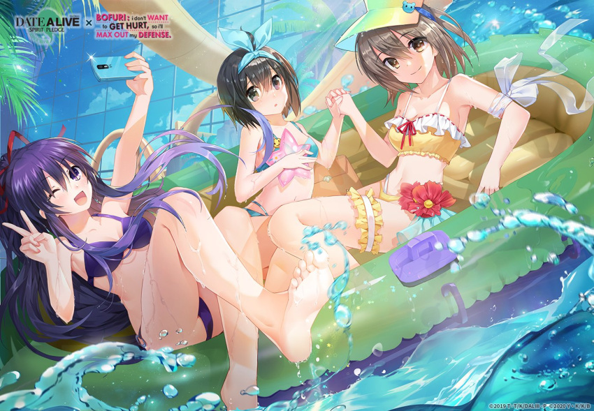 3girls, :o, bikini, black_hair, brown_eyes, brown_hair, closed_mouth, crossover