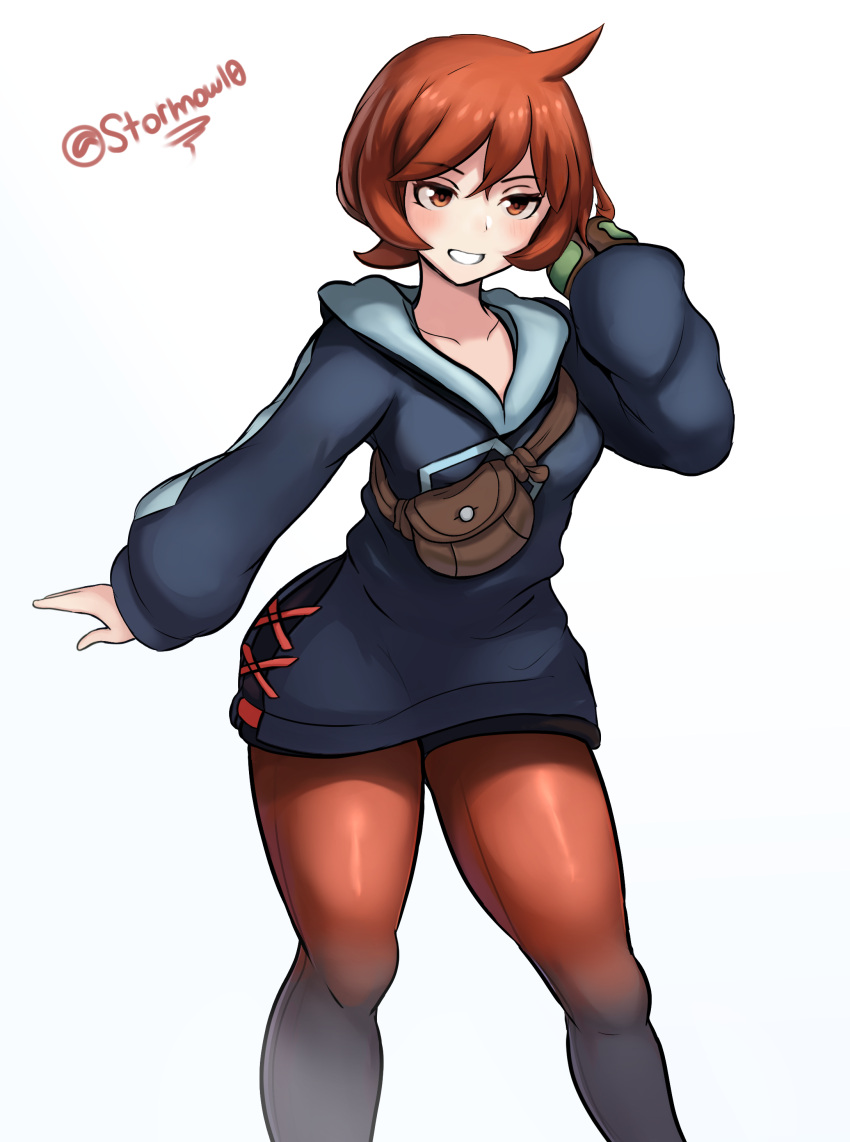 1girl, absurdres, arezu_(pokemon), bangs, black_shorts, bracelet, brown_bag, brown_eyes, brown_hair, collarbone, commentary, cowlick, eyebrows_visible_through_hair, gradient, gradient_legwear, grey_jacket, hand_up, highres, jacket, jewelry, long_sleeves, pantyhose, pokemon, pokemon_(game), pokemon_legends:_arceus, shiny, shiny_clothes, short_hair, shorts, smile, solo, stormowl0, white_background