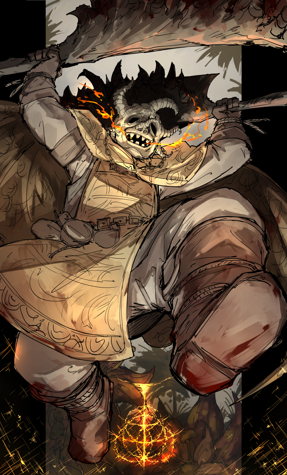 1other, apron, arms_up, blood, blood_on_clothes, boots, brown_footwear, brown_gloves, covered_face, dual_wielding, elden_ring, fighting_stance, fire, full_body, gloves, grey_shirt, highres, holding, holding_sword, holding_weapon, jumping, kan_(aaaaari35), long_sleeves, mask, omenkiller_(elden_ring), shirt, sword, weapon