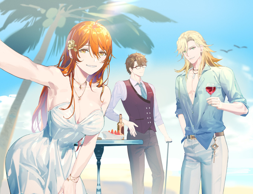 1girl, 2boys, absurdres, alcohol, bare_shoulders, beach, belt, belt_buckle