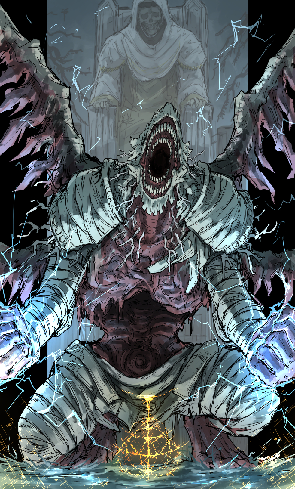 armor, clenched_hands, dragonkin_soldier, elden_ring, electricity, extra_teeth, facing_viewer, fighting_stance, full_body, highres, hood, kan_(aaaaari35), monster, no_humans, open_mouth, pauldrons, ribs, shoulder_armor, skeleton, teeth, throne, wings
