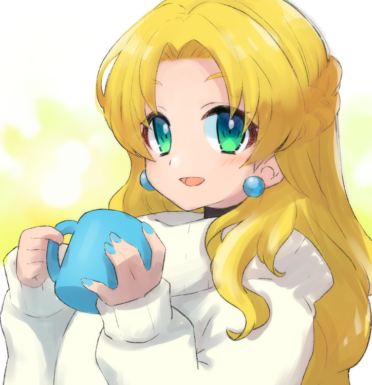 1girl, :d, \||/, blonde_hair, braid, cinnamon, cinnamon_(mega_man), commentary, cup, earrings, eyebrows_visible_through_hair, eyelashes, forehead, green_eyes, hair_over_shoulder, holding, holding_cup, jewelry, long_hair, long_sleeves, looking_at_viewer, mega_man_(series), mega_man_x:_command_mission, mega_man_x_(series), mug, open_mouth, smile, solo, sweater, tobitori, upper_body, white_sweater