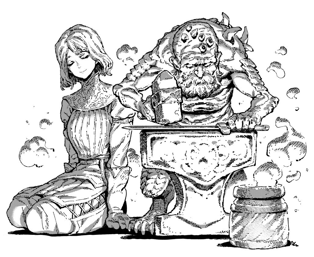 1boy, 1girl, anvil, bangs, beard, blacksmith, closed_eyes, closed_mouth