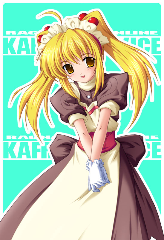 1girl, ahoge, apron, bangs, blonde_hair, blue_background, blush, brown_dress