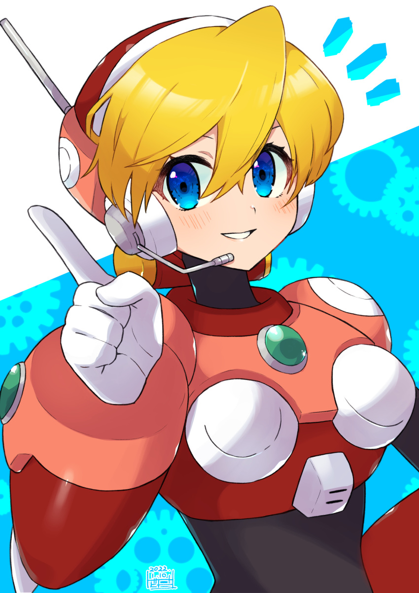 1girl, :d, alia_(mega_man), android, blonde_hair, blue_eyes, commentary, dated