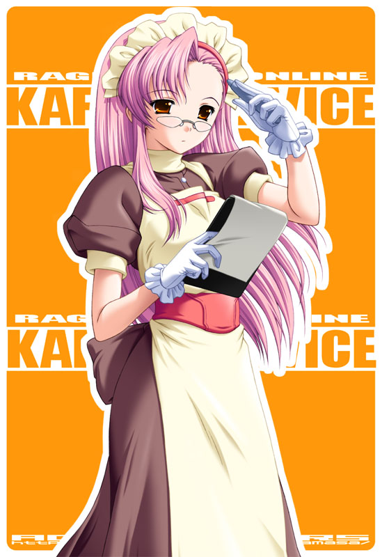 1girl, apron, asymmetrical_hair, bangs, breasts, brown_dress, brown_eyes, clipboard