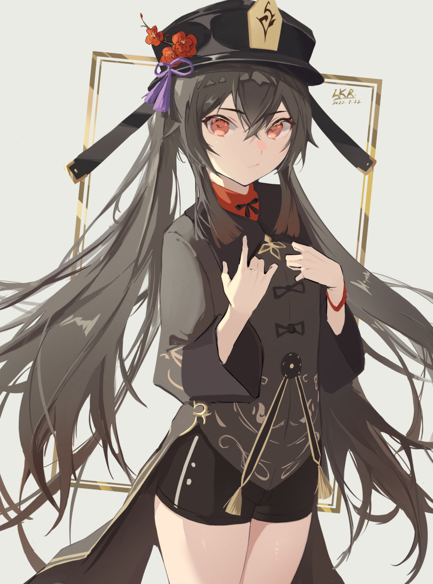 1girl, absurdres, bangs, black_headwear, black_shorts, brown_coat, brown_hair, coat