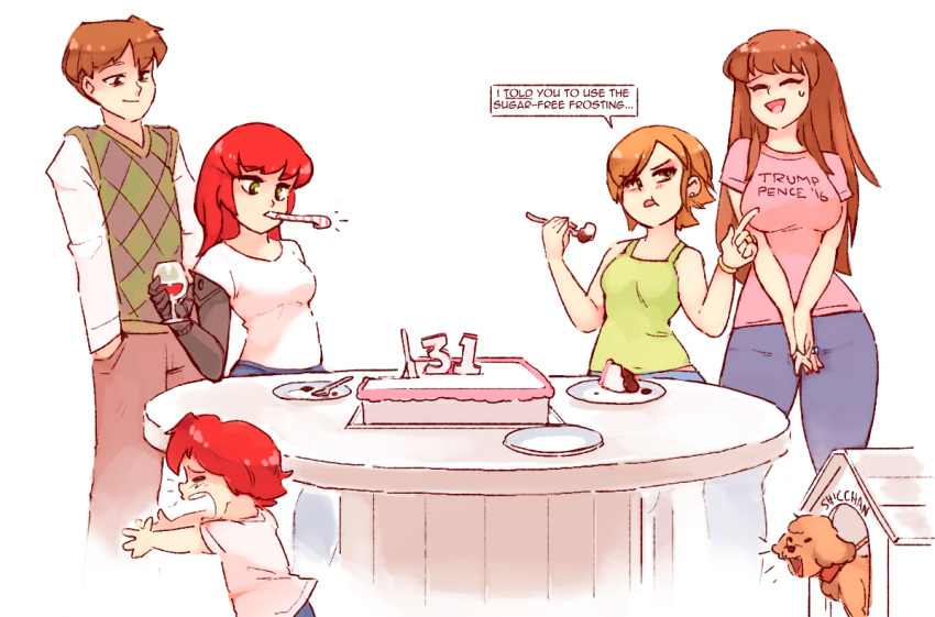 1boy, 1other, 3girls, :d, ^_^, alternate_hair_length, alternate_hairstyle, ambiguous_gender