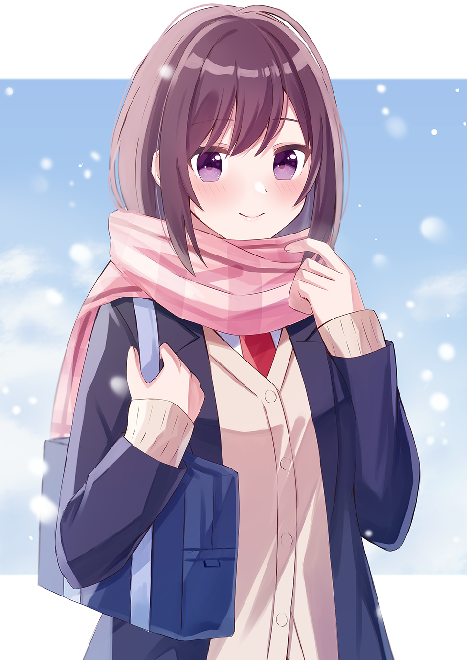1girl, bag, bangs, beige_sweater, blazer, blue_eyes, blue_jacket, blush