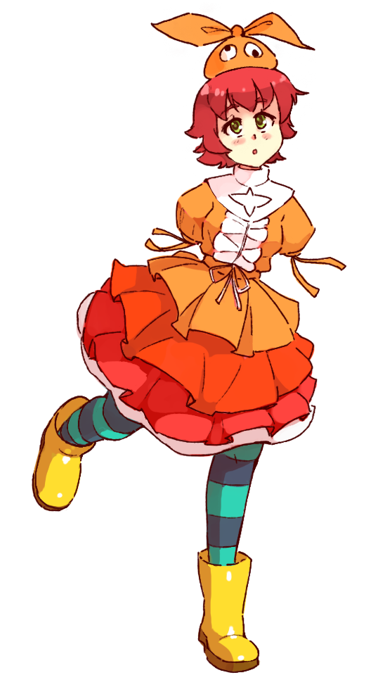 1girl, :o, amputee, bad_source, blush, boots, center_frills, cosplay, double_amputee, dress, eyebrows_visible_through_hair, frills, green_eyes, hat, katawa_shoujo, monogatari_(series), no_arms, ononoki_yotsugi, ononoki_yotsugi_(cosplay), orange_dress, puffy_short_sleeves, puffy_sleeves, redhead, rubber_boots, short_hair, short_sleeves, simple_background, solo, striped, striped_legwear, tezuka_rin, tied_sleeves, white_background, yellow_footwear