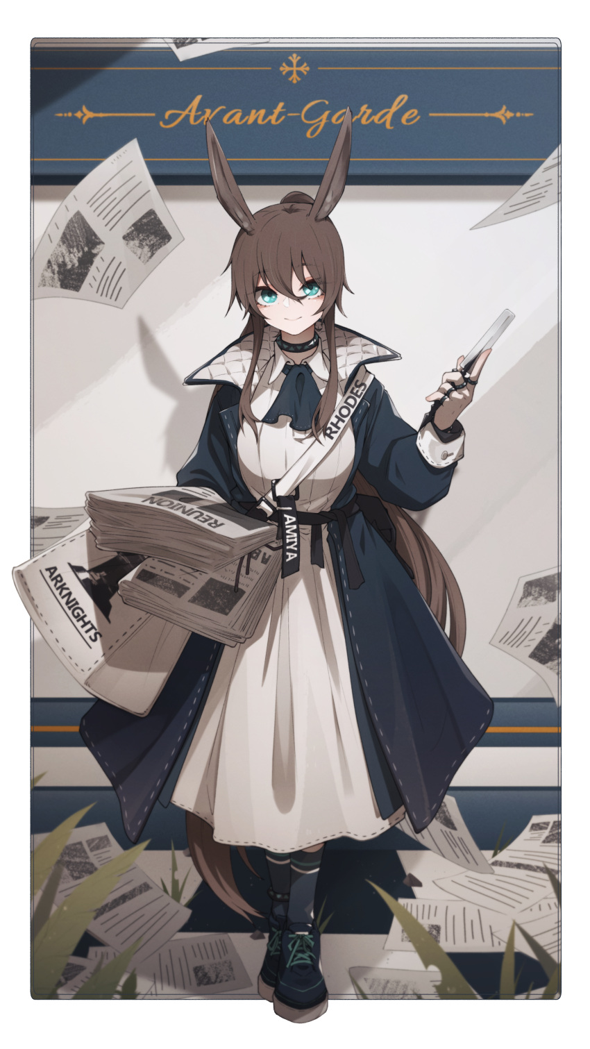1girl, absurdres, amiya_(arknights), amiya_(newsgirl)_(arknights), animal_ears, arknights, ascot, bangs