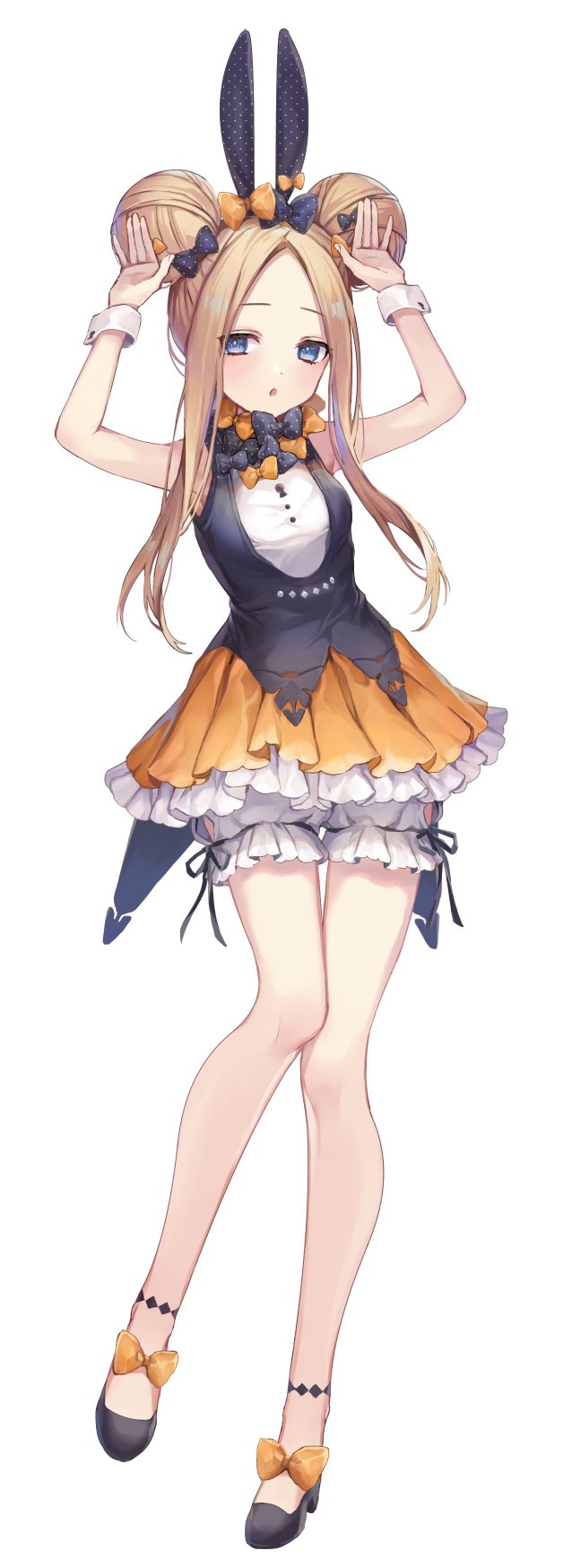 abigail_williams_(fate), animal_ears, ankle_strap, armpits, arms_up, black_bow, blonde_hair, bloomers