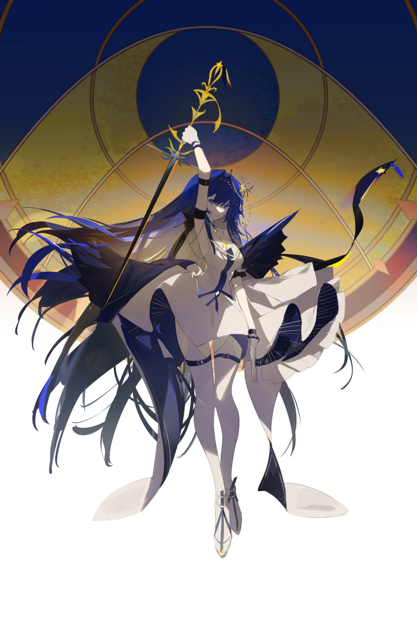 1girl, abstract_background, absurdres, aonogura, arknights, arm_strap, astesia_(arknights), astesia_(frlibre_on_the_palace)_(arknights)