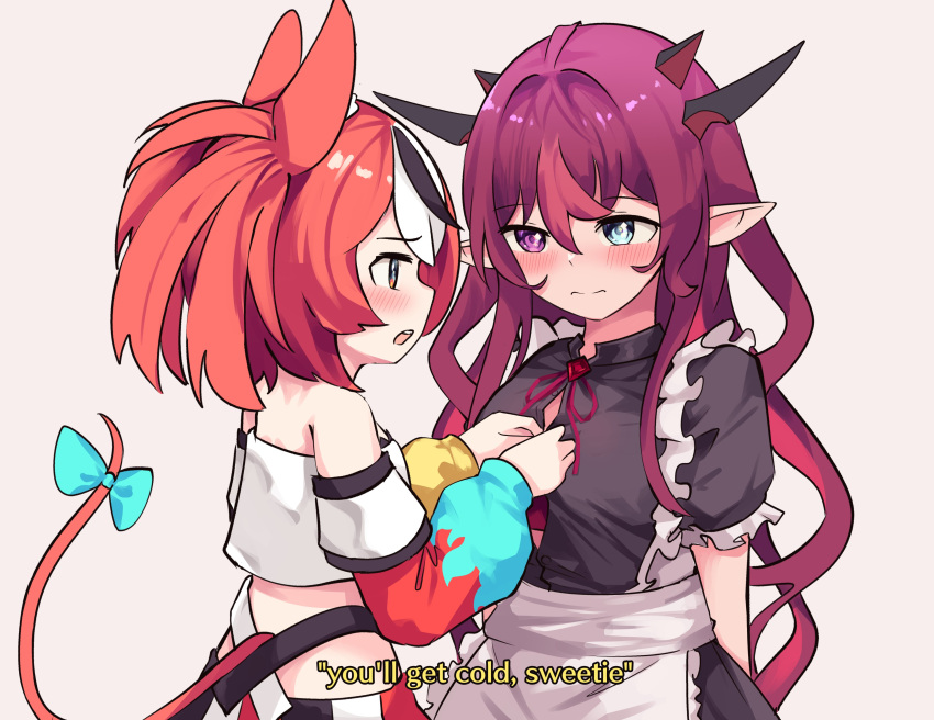 2girls, absurdres, animal_ears, apron, black_hair, black_shirt, blue_bow, blue_eyes