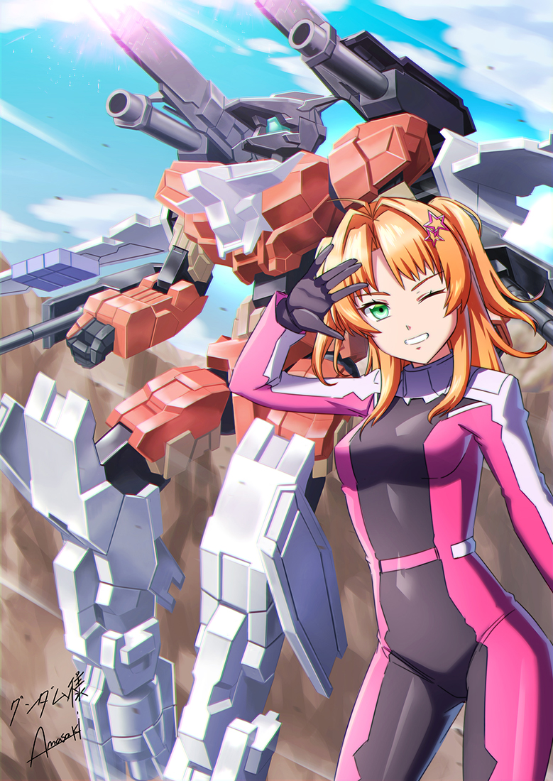 1girl, 30_minutes_missions, amasaki_yusuke, breasts, clenched_hand, clouds, commission, green_eyes