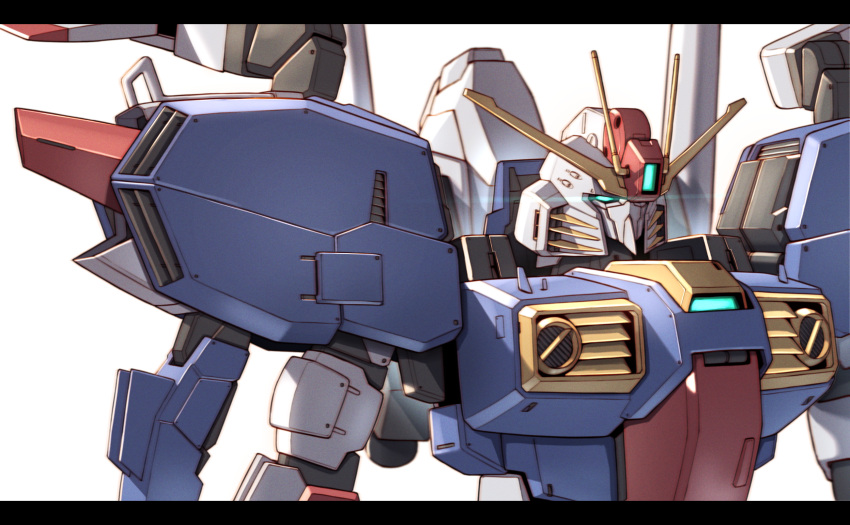 blue_eyes, glowing, glowing_eye, gundam, gundam_sentinel, highres, letterboxed, mecha