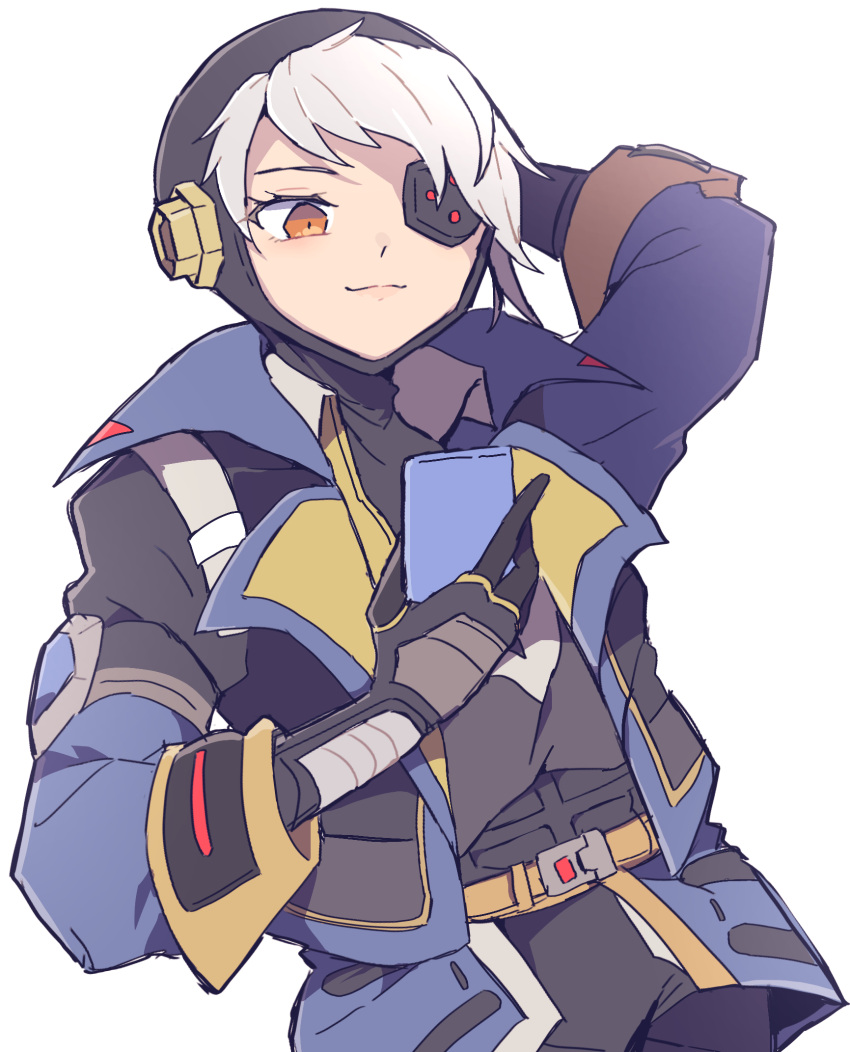 1girl, apex_legends, arm_behind_head, bangs, belt, black_eyepatch, black_gloves, black_headwear