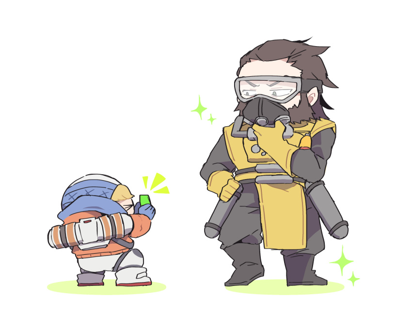 1boy, 1girl, apex_legends, beard, black_eyes, black_footwear, black_pants, blonde_hair