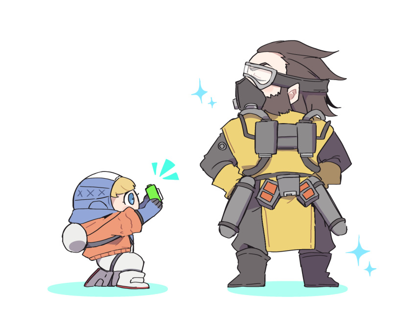 1boy, 1girl, apex_legends, beard, black_footwear, black_pants, blonde_hair, blue_eyes