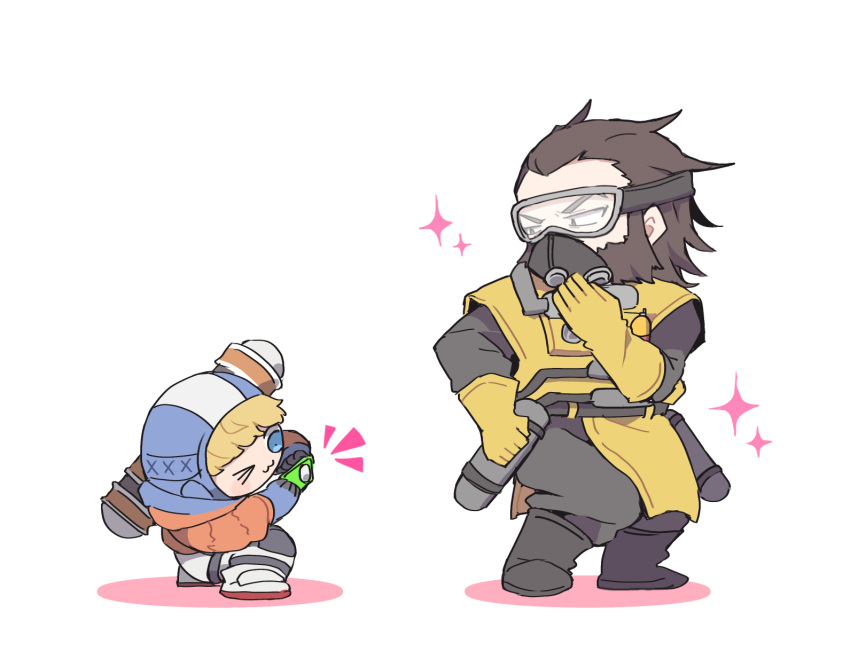 1boy, 1girl, :3, apex_legends, beard, black_eyes, black_footwear, black_pants
