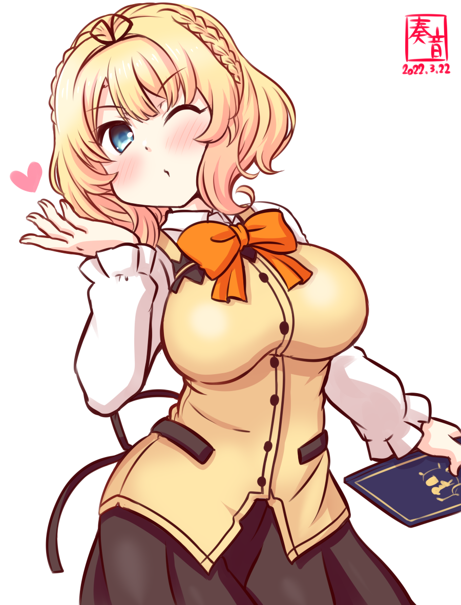 1girl, artist_logo, black_skirt, blonde_hair, blowing_kiss, blue_eyes, bow, bowtie