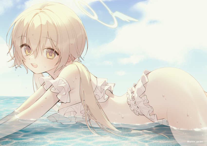 1girl, :d, ass, bikini, blonde_hair, bloom, blue_archive, blush