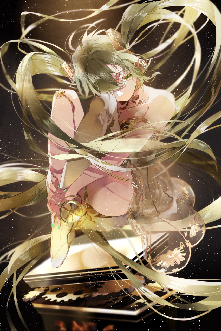 1girl, alternate_hair_color, armlet, bangs, bare_shoulders, black_background, blurry, breasts, brown_ribbon, collarbone, colored_eyelashes, commentary, dress, eyelashes, gears, gold, gold_choker, gold_trim, green_dress, green_eyes, green_hair, green_nails, hair_between_eyes, hair_over_one_eye, hatsune_miku, highres, hugging_own_legs, knees_up, light_particles, long_hair, looking_down, miku_symphony_(vocaloid), neck_ribbon, one_eye_covered, reika_(iamreika), ribbon, single_thighhigh, sitting, small_breasts, solo, strapless, strapless_dress, thigh-highs, thighs, twintails, very_long_hair, vocaloid