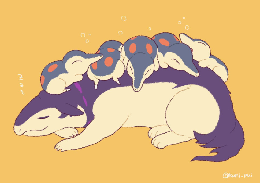 cyndaquil, hisuian_typhlosion, kani_pui, no_humans, nostrils, on_animal, pokemon, pokemon_(game), pokemon_legends:_arceus, simple_background, sleeping, smile, twitter_username, yellow_background, zzz
