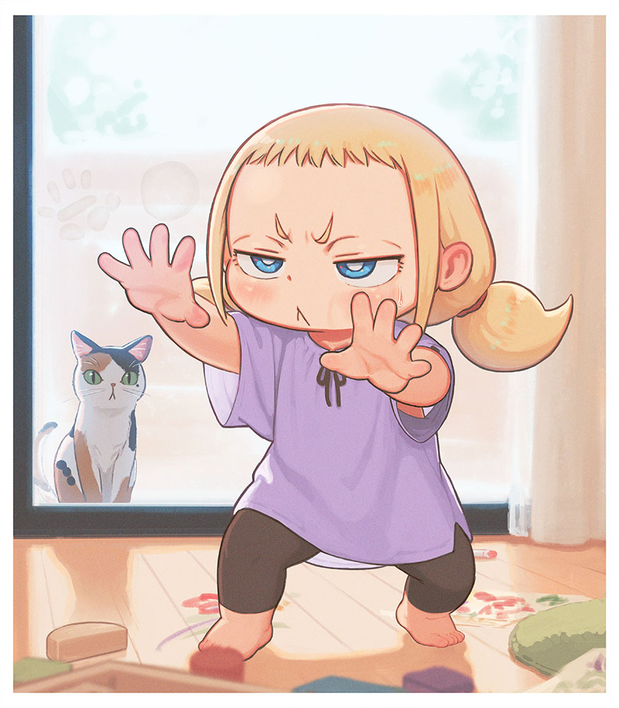 1girl, :<, animal, barefoot, black_legwear, blonde_hair, blue_eyes, border