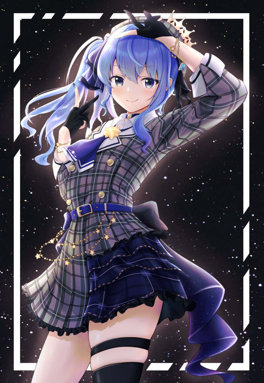 1girl, amakumo517, arm_up, ascot, bangs, belt, beret, black_gloves