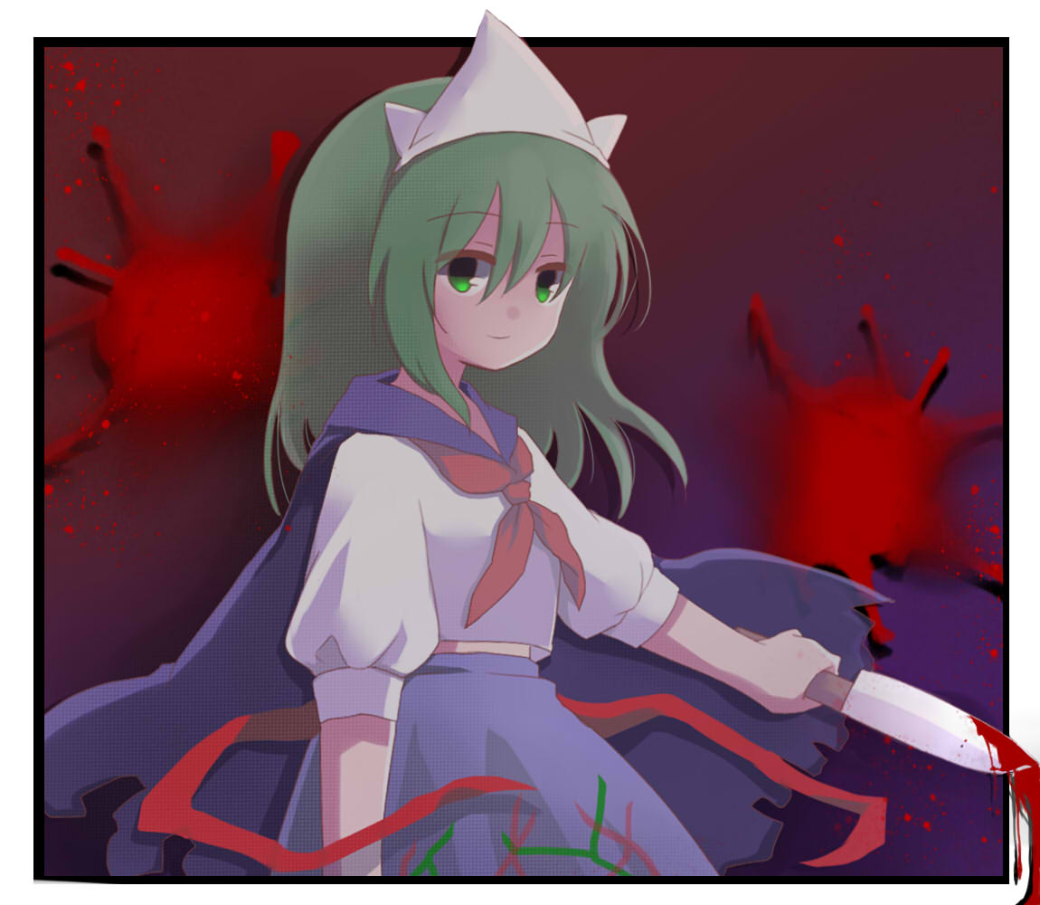 1girl, blood, blood_on_knife, blouse, blue_cape, blue_sailor_collar, blue_skirt, breasts