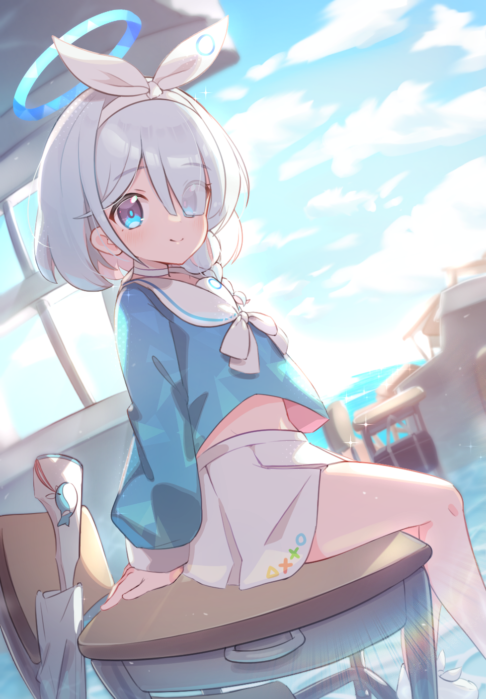 1girl, arona_(blue_archive), blue_archive, blue_eyes, blue_shirt, bow, braid, chair, clouds, desk, eyes_visible_through_hair, from_side, hair_bow, hair_over_one_eye, halo, highres, looking_at_viewer, miniskirt, mint_hamini, on_desk, outdoors, ribbon, school_uniform, serafuku, shirt, short_hair, silver_hair, sitting, sitting_on_desk, skirt, sky, smile, solo, thighs, white_skirt